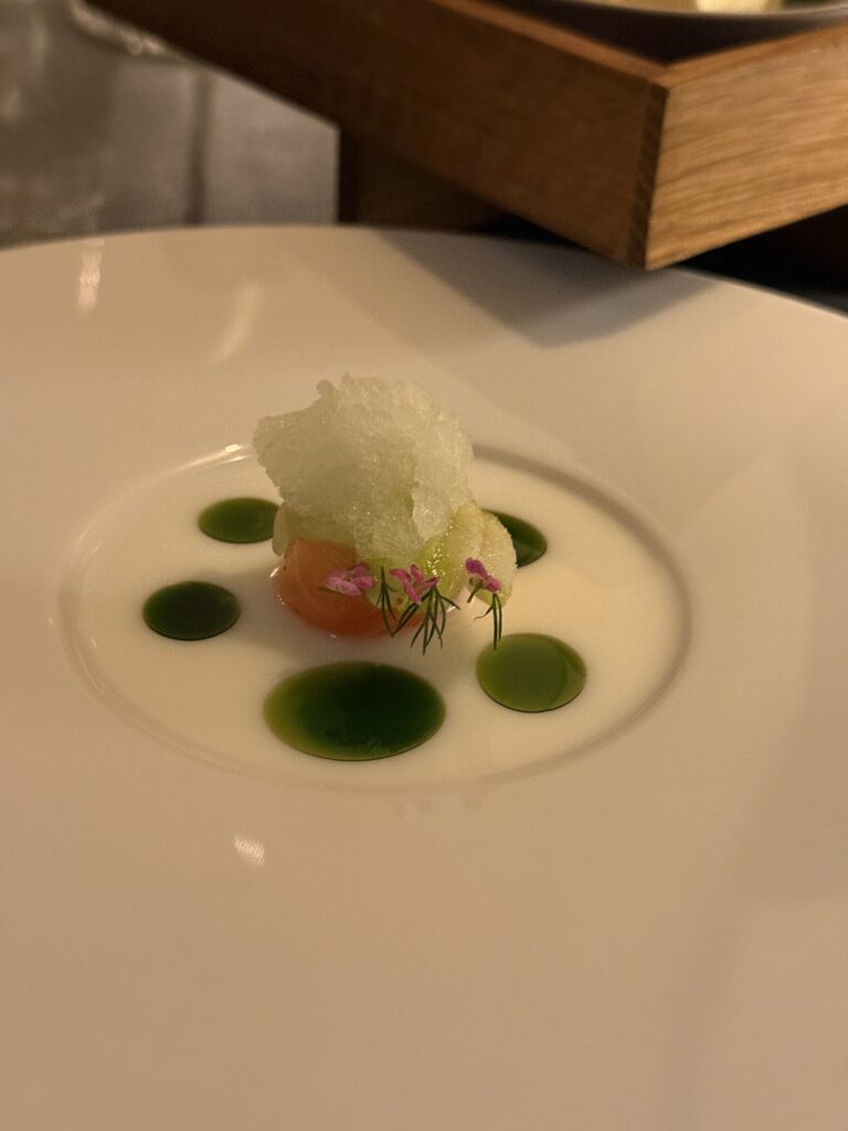 Kunstvoll angerichteter Gang im Jellyfish Hamburg mit cremiger Sauce, grünen Aromatropfen und dekorativen Gemüseakzenten auf weißem Teller.