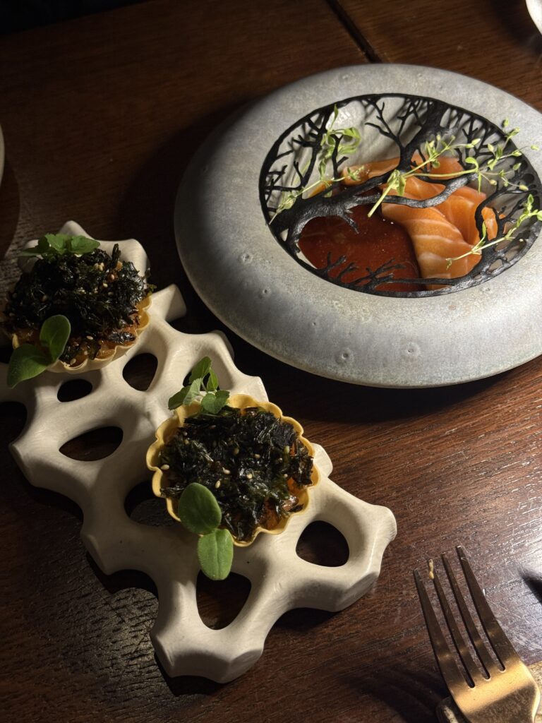 Kreativ angerichtete Fine-Dining-Vorspeisen mit Meeresalgen-Tartelettes und Lachs-Sashimi in kunstvollem Keramikgeschirr.