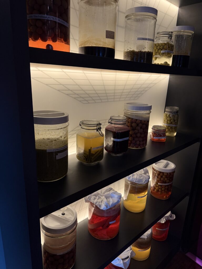 Regal mit verschiedenen Gläsern voller fermentierter Zutaten und hausgemachter Liquids in moderner Restaurantküche.
