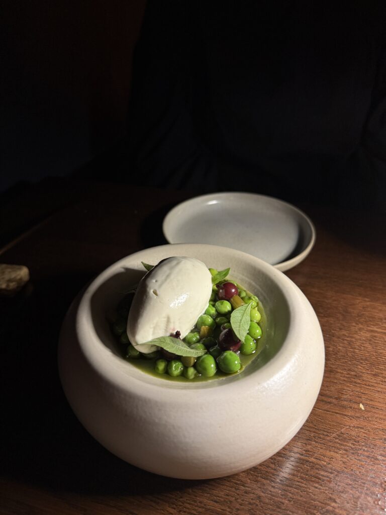 Fein angerichtete Cashew-Pâté mit Tartelette, Algen und Kräutern auf modernem Keramikgeschirr im Fine-Dining-Restaurant.
